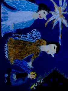 alt text = 3 angels over a manger in dark blue sky