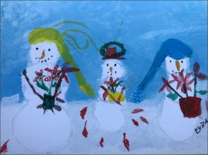 alt text = 3 snow people hold poinsettia