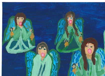 Alt txt= 5 Bellringing Angels on dark blue sky