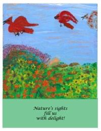 alt txt= 3 cardinals flying over colorful meadow