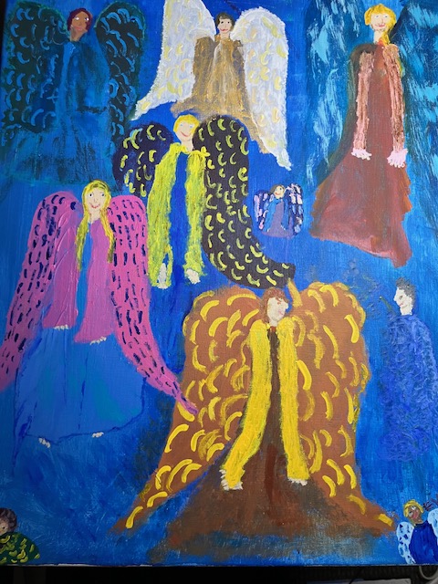 10 colorful angels floating in a sea of blue