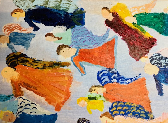 Several colorful angels flying to left of canvas