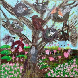 alt text=colorful birds in nest in a tree surrounded by flowers
