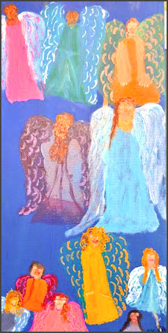 alt text = 11 colorful angels floating on a blue background