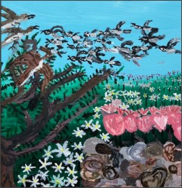 alt text = Scores of birds flying over 100's of flowers