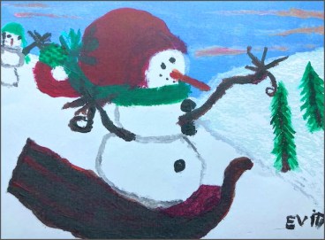 alt text= large snowman wearing red hat coming down hill on brown sled