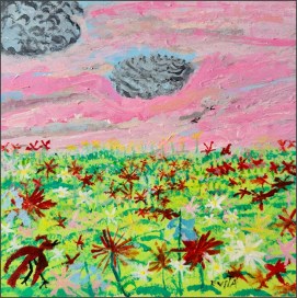 Alt Text = Field of red flowers with a pink sky