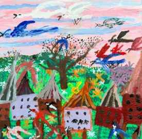 alt text = many birds flying in a pink and blue sky with birdhouses in front